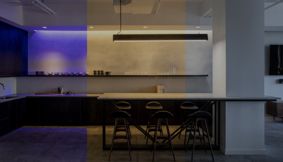 Kitchen counter and island showing three different hues of Ketra LED lighting.